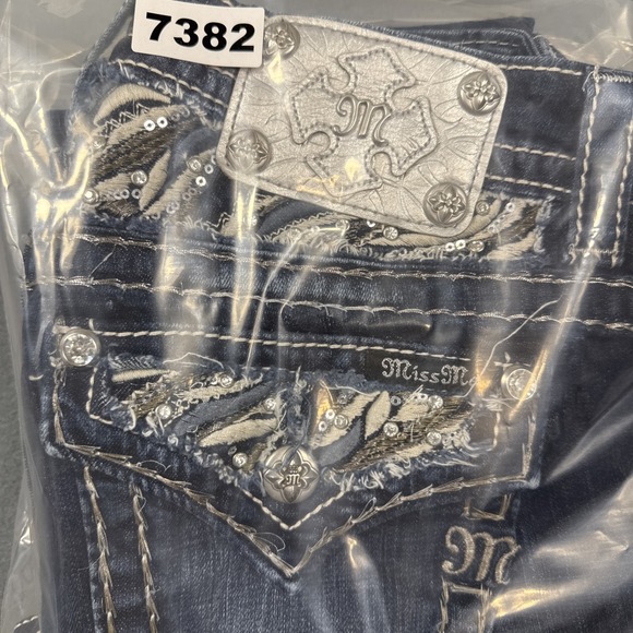 Miss Me Jeans Womens 26 Blue Sig Boot EMBELISHED Rhinestone Pocket WHISKERING - Picture 9 of 9